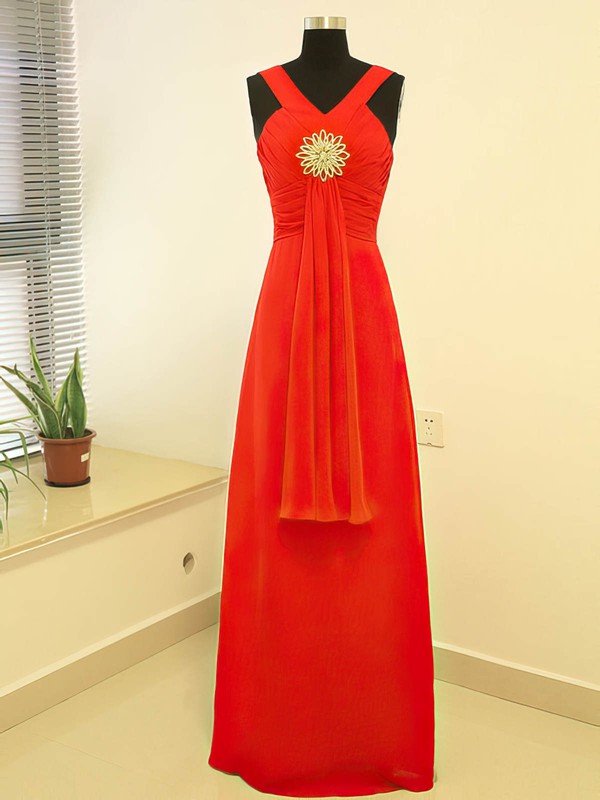 Chiffon Empire V-neck Floor-length Crystal Brooch Bridesmaid Dresses #PDS02017882
