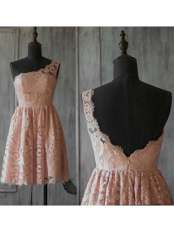 Lace A-line One Shoulder Short/Mini Ruffles Bridesmaid Dresses #PDS02017887