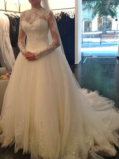 Chapel Train Ivory Tulle Lace with Beading Ball Gown Long Sleeve Wedding Dress #PDS00021194
