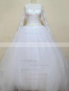 Chapel Train Ivory Tulle Lace with Beading Ball Gown Long Sleeve Wedding Dress #PDS00021194