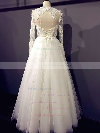 Famous Princess Scoop Neck Appliques Lace Long Sleeve Ivory Tulle Wedding Dresses #PDS00021203
