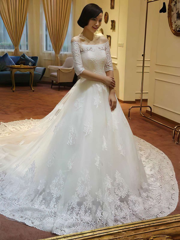 Off-the-shoulder Lace Tulle Appliques Lace Princess 1/2 Sleeve Ivory Wedding Dress #PDS00021213
