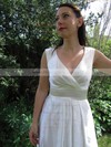 Casual Ivory Elastic Woven Satin V-neck Tea-length Wedding Dresses #PDS00021218