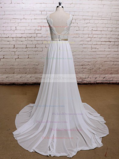 Sweetheart Open Back Latest Chiffon Lace with Sashes/Ribbons Sweep Train Wedding Dress #PDS00021225