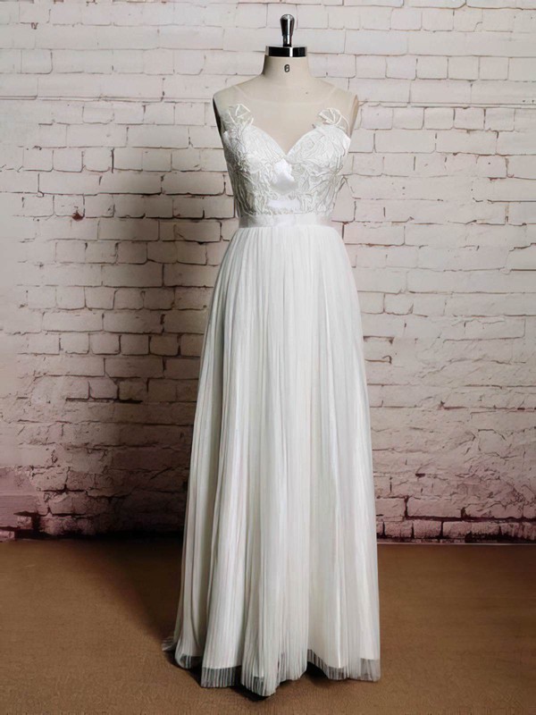 Simple Scoop Neck Chiffon Tulle Appliques Lace and Buttons White A-line Wedding Dresses #PDS00021226
