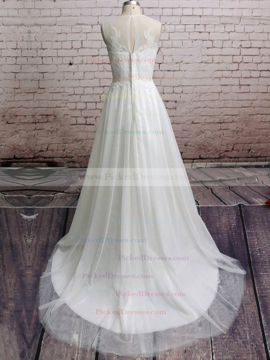 Coolest White Tulle with Appliques Lace Scoop Neck Sweep Train Wedding Dresses #PDS00021228