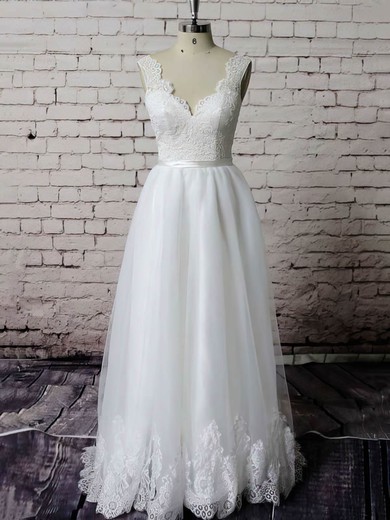 Princess Sweep Train Organza with Appliques Lace Open Back V-neck Wedding Dresses #PDS00021229