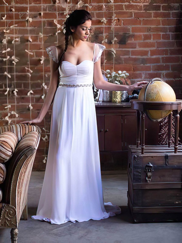 Sweetheart White Chiffon Cap Straps Sashes/Ribbons Affordable Wedding Dress #PDS00021369