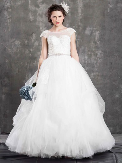 Newest Ball Gown Tulle Appliques Lace Scoop Neck Wedding Dress #PDS00021381
