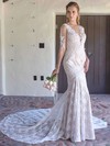 Lace Tulle V-neck Beading 1/2 Sleeve Chapel Train Wedding Dresses #PDS00021382