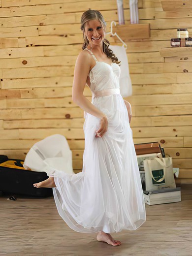 Simple Halter White Chiffon Lace with Sashes/Ribbons Backless Wedding Dresses #PDS00021384