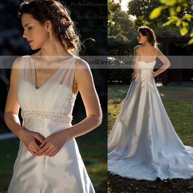 Modest V-neck Ivory Satin Tulle Lace with Beading Chapel Train Wedding Dress #PDS00021397