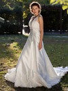 Modest V-neck Ivory Satin Tulle Lace with Beading Chapel Train Wedding Dress #PDS00021397