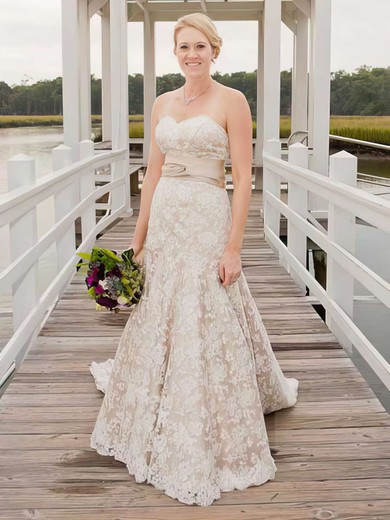 Champagne Lace with Sashes/Ribbons Watteau Train Fashion Wedding Dresses #PDS00021403