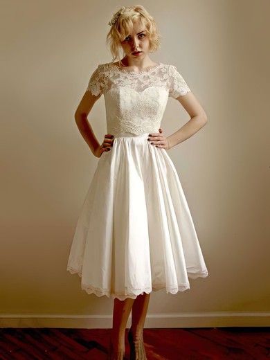 Classy Ivory Taffeta Lace Tea-length Short Sleeve Wedding Dress #PDS00021407