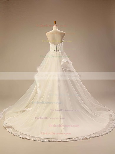 Sweetheart Ivory Tulle Appliques Lace Chapel Train Fashion Wedding Dresses #PDS00021414