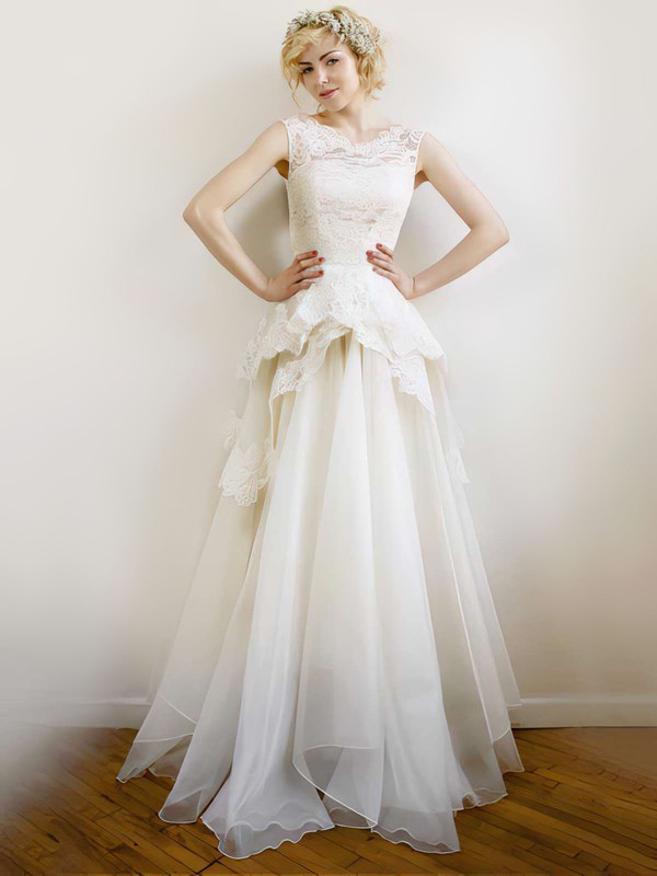 Ivory Lace Organza and V-neck Floor-length Perfect Wedding Dresses