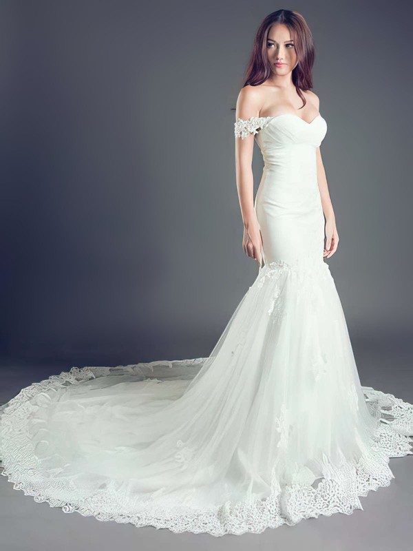 Trumpet/Mermaid White Lace Tulle with Lace-up Off-the-shoulder Wedding Dress #PDS00021260