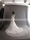 Trumpet/Mermaid White Lace Tulle with Lace-up Off-the-shoulder Wedding Dress #PDS00021260