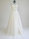 Affordable Sweep Train A-line Sashes / Ribbons Scoop Neck Lace Tulle Wedding Dress #PDS00021269
