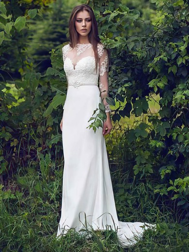 Long Sleeve White Scoop Neck Chiffon Lace Sheath/Column Classy Wedding Dresses #PDS00021297