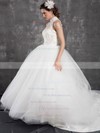 White Tulle Appliques Lace and Feathers Ball Gown High Neck Wedding Dresses #PDS00021299