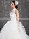 White Tulle Appliques Lace and Feathers Ball Gown High Neck Wedding Dresses #PDS00021299