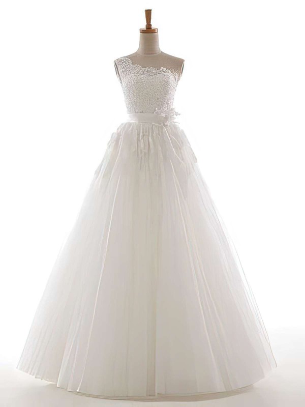 One Shoulder Appliques Lace Sequins Lace-up Tulle Ball Gown Wedding Dress #PDS00021305