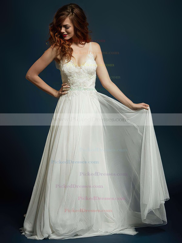 Good Ivory Chiffon with Appliques Lace V-neck Open Back Wedding Dress #PDS00021327