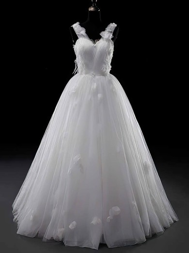 Amazing Ball Gown Tulle Appliques Lace Lace-up White V-neck Wedding Dresses #PDS00021329