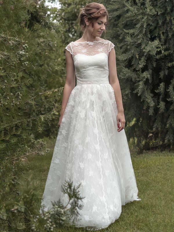 Ivory Lace with Sashes/Ribbons Cap Straps Scoop Neck Hot Wedding Dresses