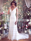 Nicest Trumpet/Mermaid V-neck with Buttons Ivory Lace Wedding Dresses #PDS00021351
