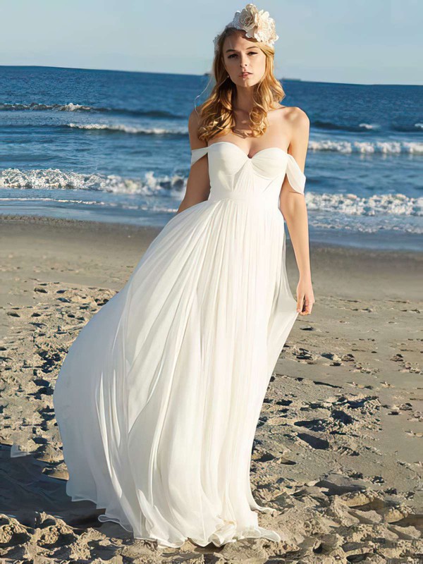 Chiffon A-line Off-the-shoulder Floor-length Ruffles Wedding Dresses #PDS00021352