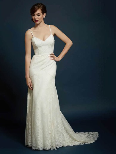Ivory Lace Sweetheart with Spaghetti Straps Backless Trumpet/Mermaid Wedding Dress #PDS00021353