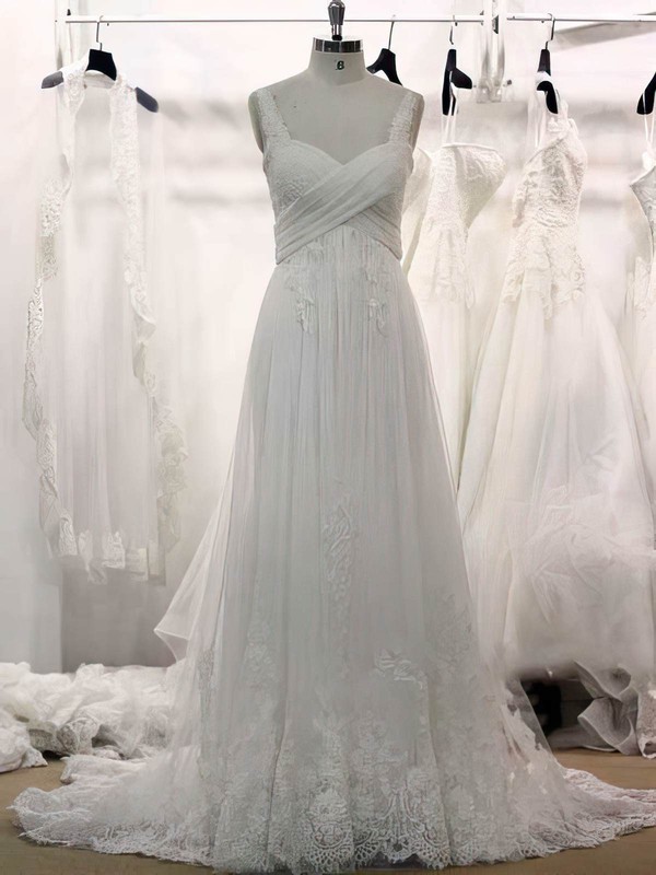 Original Sweetheart Appliques Lace White Tulle Court Train Wedding Dresses
