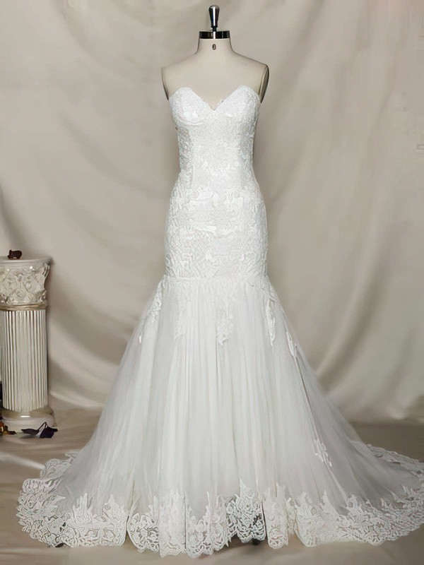 Exclusive Trumpet/Mermaid Lace Tulle Lace-up Appliques Lace Sweetheart Wedding Dress #PDS00021356