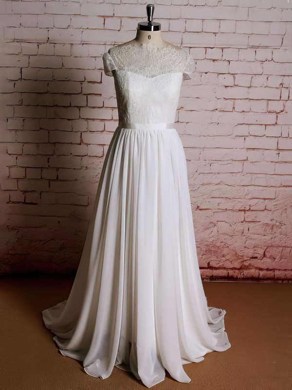 Sweep Train Lace Chiffon Ruffles Cap Straps Ivory Scoop Neck Wedding Dresses #PDS00021357