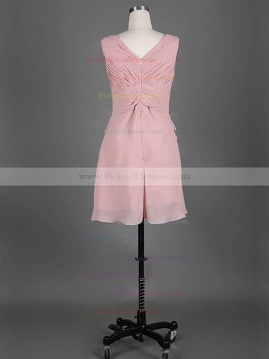 V-neck Pink Chiffon Pleats Pretty Short/Mini Bridesmaid Dress #PDS01012389