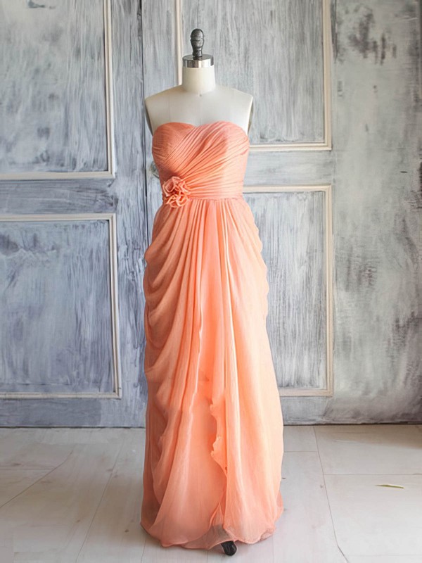Orange Chiffon with Flower(s) Sweetheart Lace-up Long Bridesmaid Dress #PDS01012392