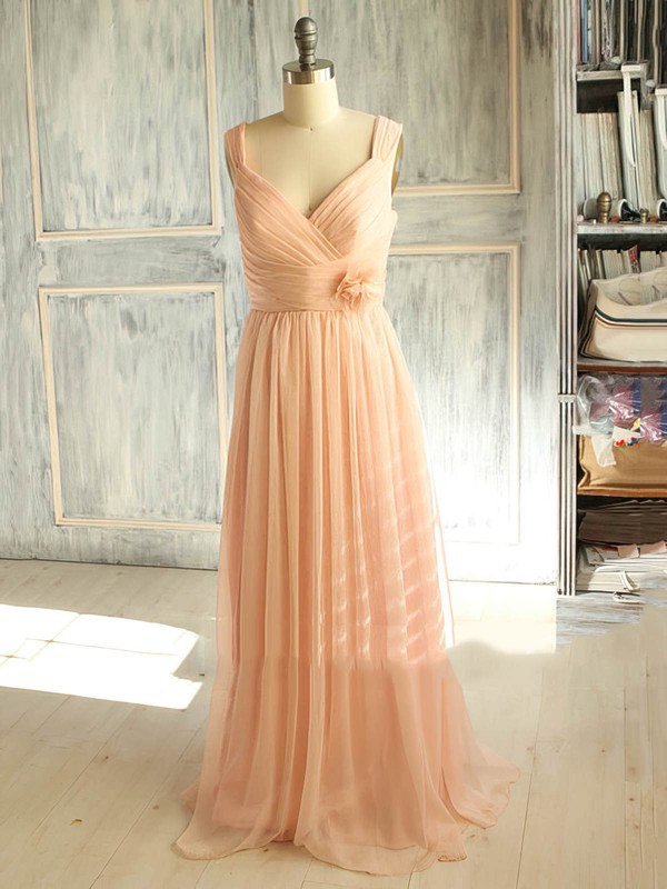 Classy Floor-length Pink Chiffon with Flower(s) V-neck Bridesmaid Dress #PDS01012398