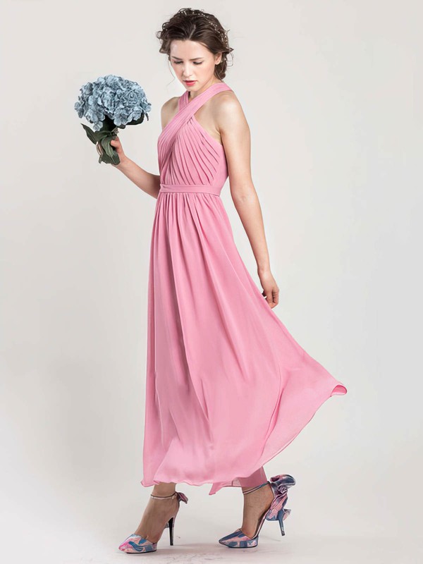 Ankle-length Pink Chiffon Open Back Perfect Halter Bridesmaid Dress #PDS01012402
