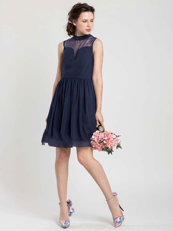 Dark Navy Chiffon Tulle New Short/Mini High Neck Bridesmaid Dress #PDS01012404