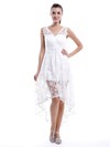 Asymmetrical V-neck White Lace Ruffles High Low Bridesmaid Dresses #PDS01012456