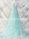 Tulle A-line Scoop Neck Court Train Appliques Lace Bridesmaid Dresses #PDS01012462