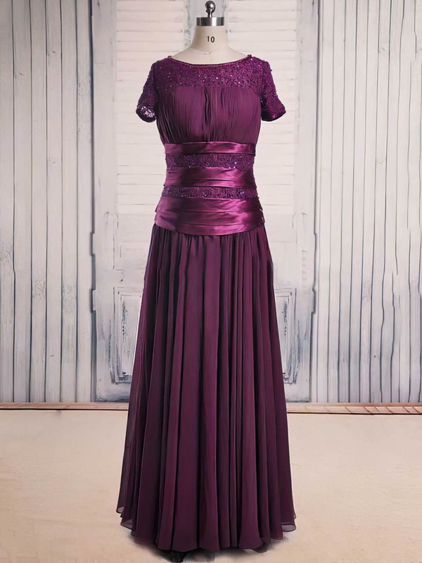 Scoop Neck Purple Lace Chiffon Beading Short Sleeve Great Mother of the Bride Dress #PDS01021563