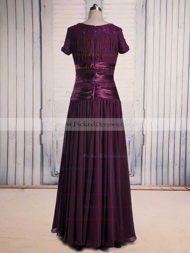 Scoop Neck Purple Lace Chiffon Beading Short Sleeve Great Mother of the Bride Dress #PDS01021563