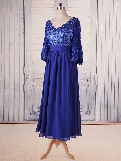 Tea-length 1/2 Sleeve Royal Blue Chiffon Lace with Beading V-neck Mother of the Bride Dress #PDS01021564