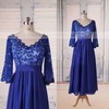 Tea-length 1/2 Sleeve Royal Blue Chiffon Lace with Beading V-neck Mother of the Bride Dress #PDS01021564