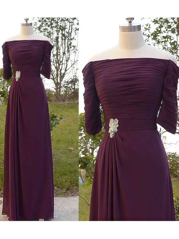 Off-the-shoulder 1/2 Sleeve Purple Chiffon Pleats Floor-length Mother of the Bride Dress #PDS01021566