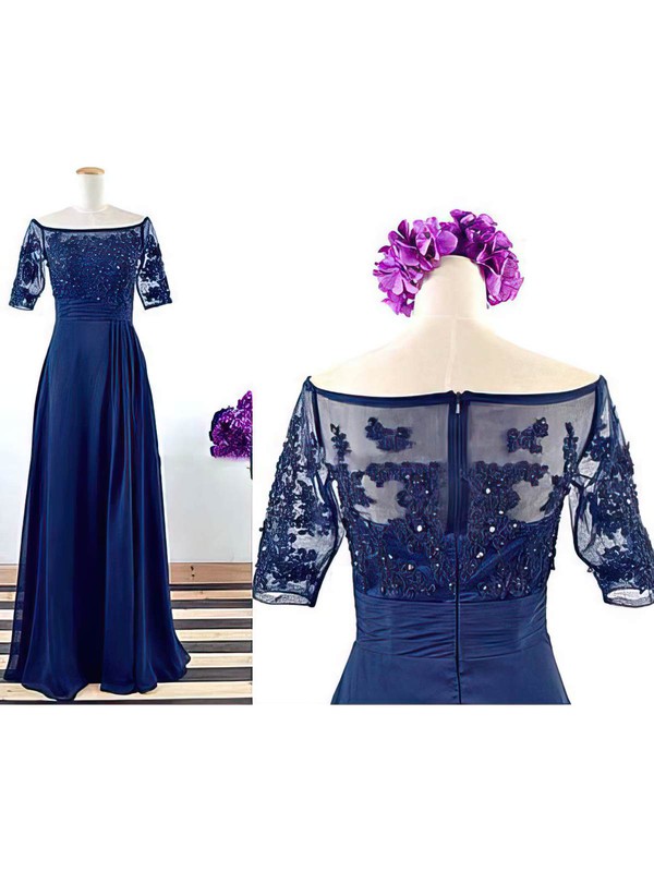 Floor-length Short Sleeve Royal Blue Chiffon Tulle Appliques Lace Off-the-shoulder Mother of the Bride Dress #PDS01021562